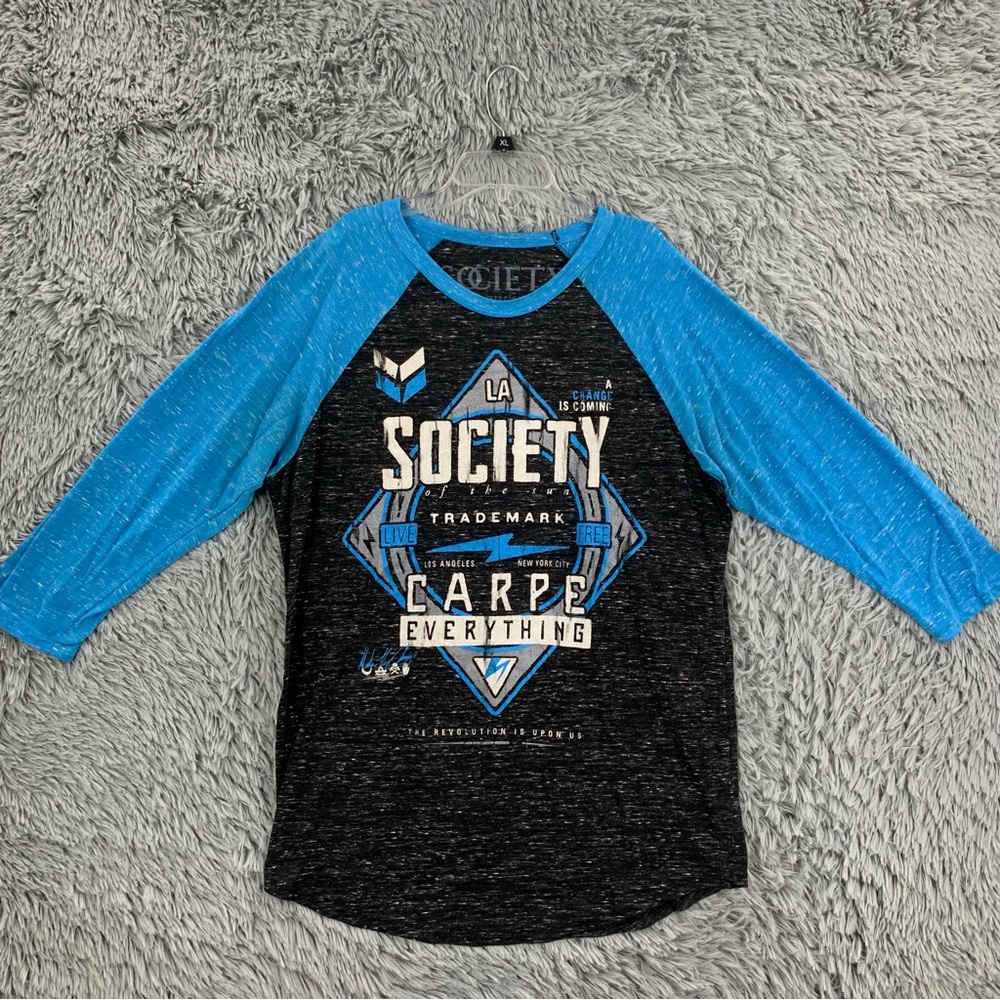 Society Tshirt Mens X Large 3/4 Sleeve Heathered Black Blue Baseball Shirt